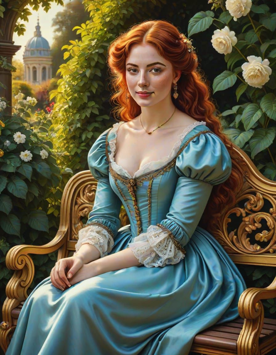 Victorian Woman in Garden, Baroque Painting