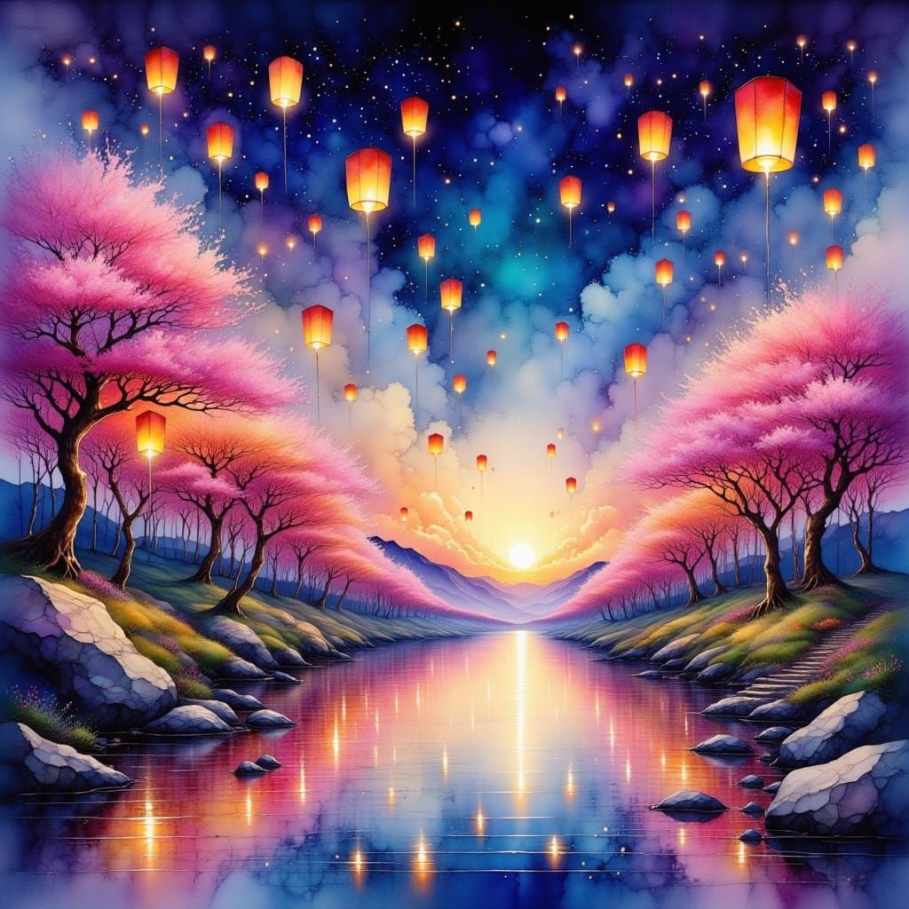 Glowing Paper Lanterns Over Cherry Blossom Landscape