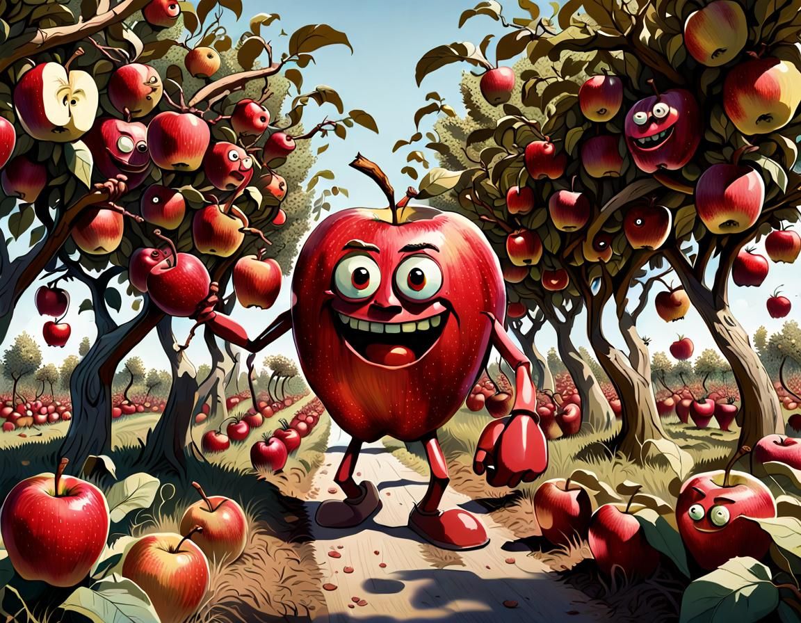 Anthropomorphic Apples and Bananas Clash in Orchard