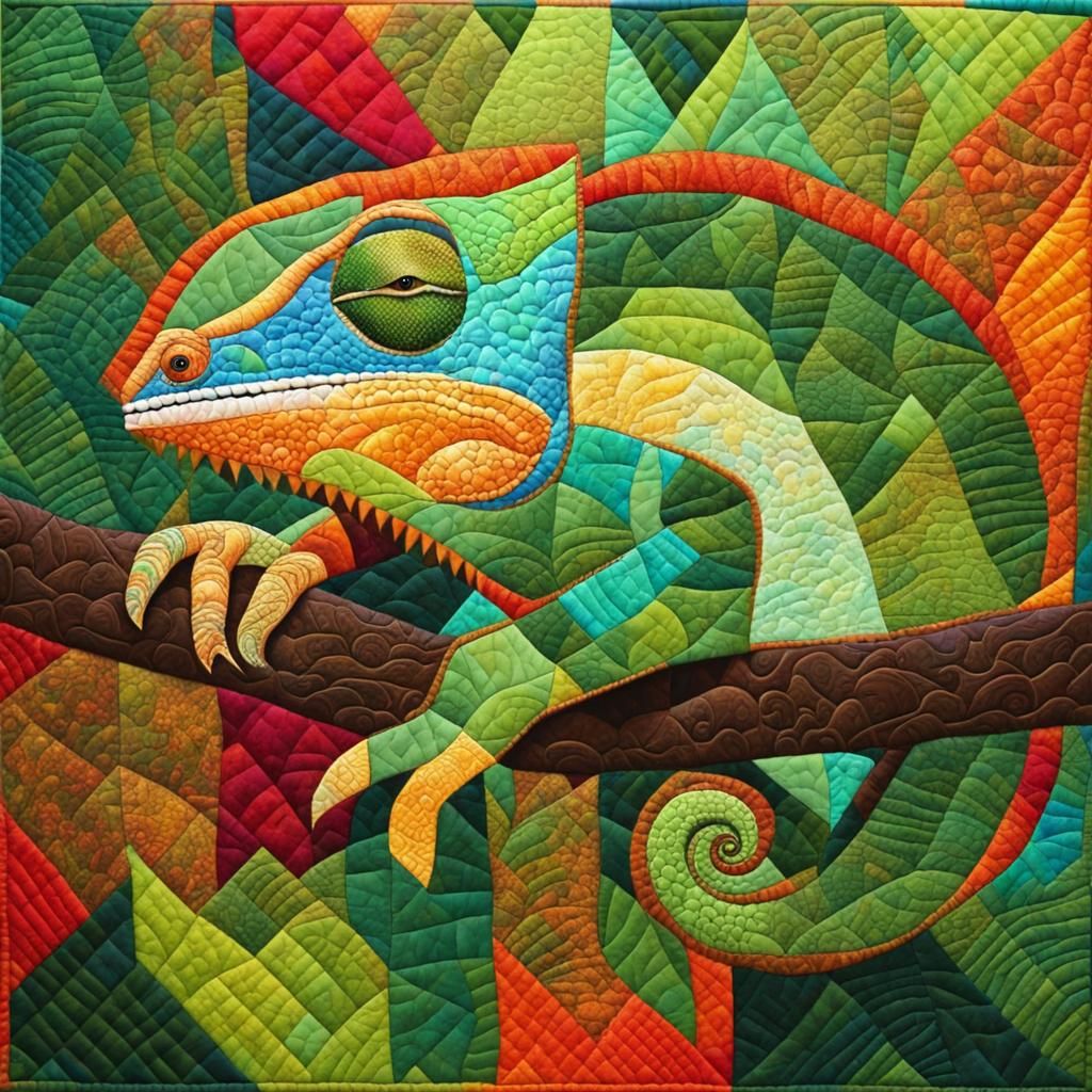 Chameleon Portrait in Patchwork Quilt Style