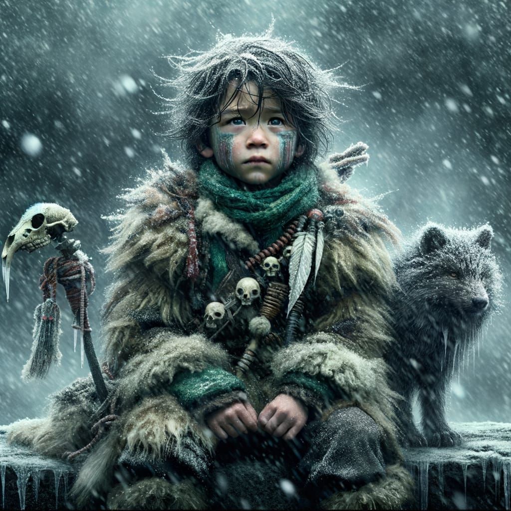 Rugged Child in Storm with Mystical Beast, Matte Painting