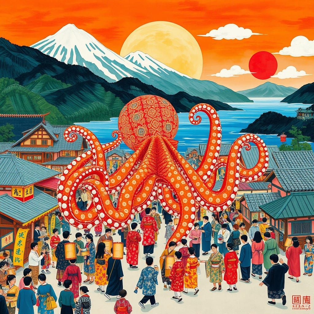 Traditional Japanese Village Matsuri Festival with Fabric Oc...