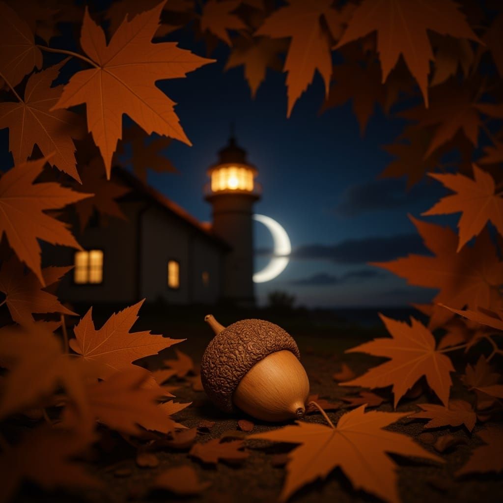Double Exposure Acorn Macro Photo with Lighthouse and Moon