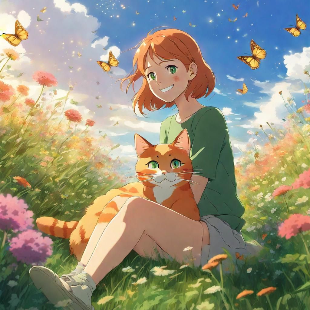 Ginger Cat Girl in Flower Meadow, Anime Style