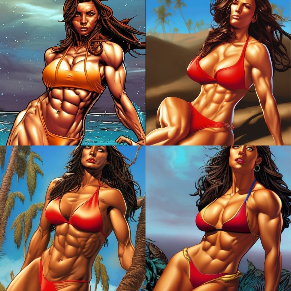 Muscular Latina in Bikini Comic Book Art
