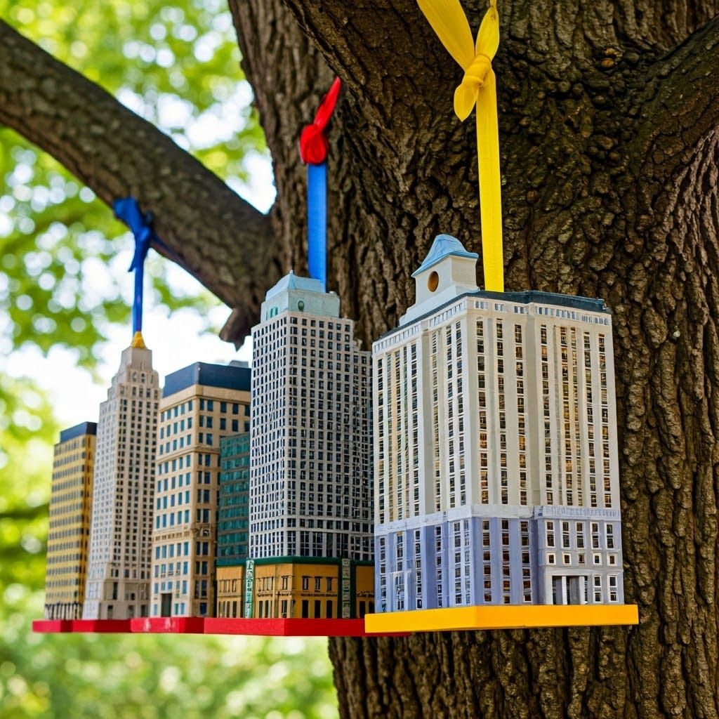 Birdhouses in the shape of iconic New York buildings hanging from a tree