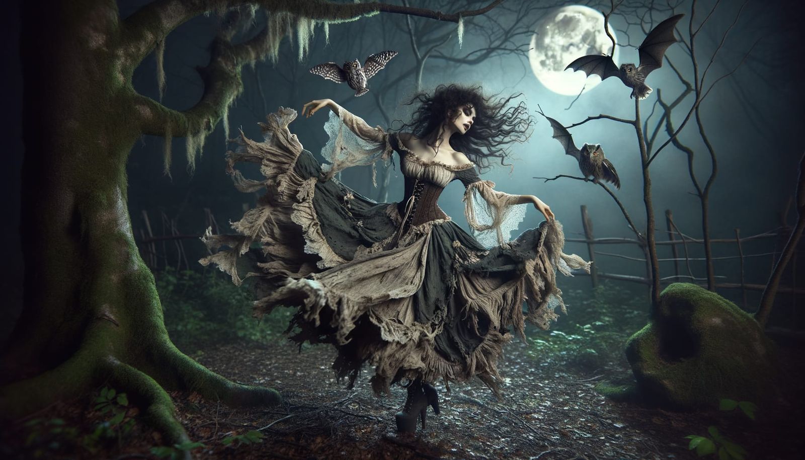Dark Fairy Dances Under Moonlit Forest Canopy