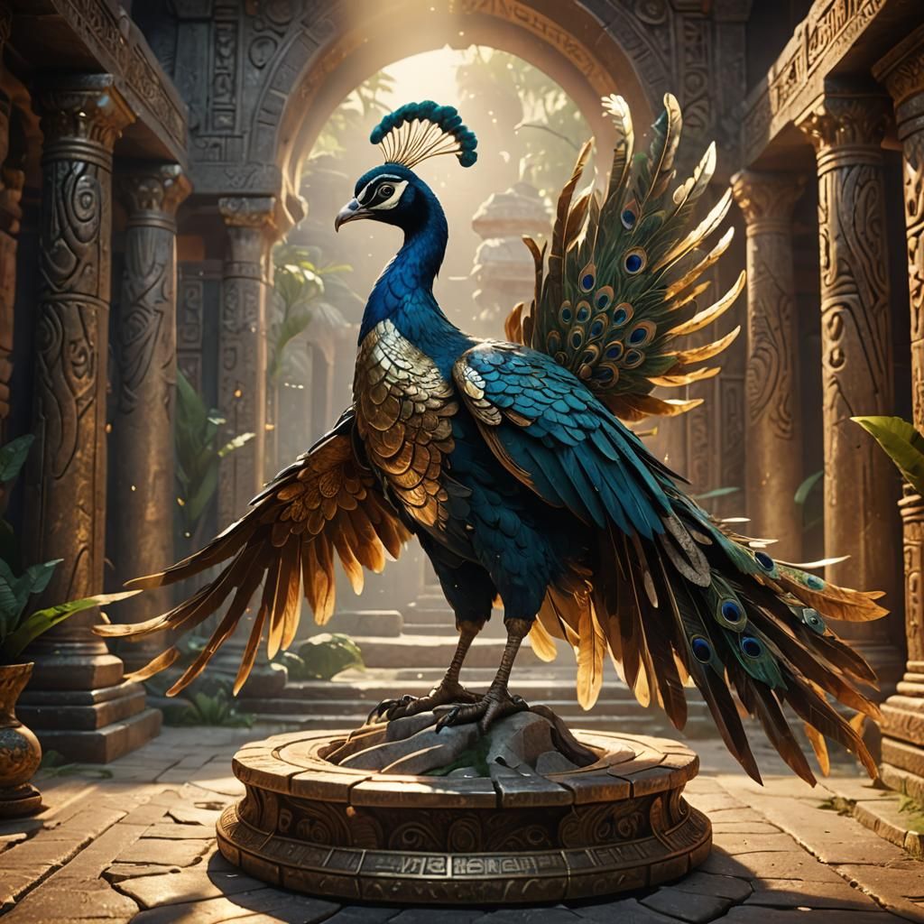 Mystical Hand-Carved Peacock in Ancient Temple
