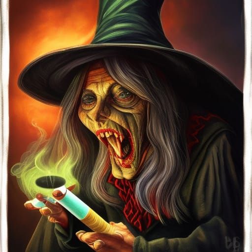 Horrifying Witch Eats Cigarettes in Hyperrealistic Art