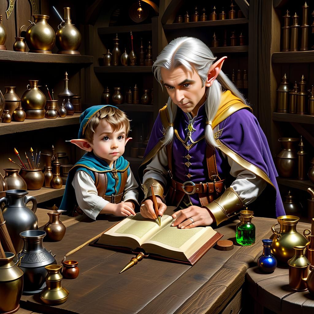 Elf Alchemist Teaching Halfling Apprentice in Workshop