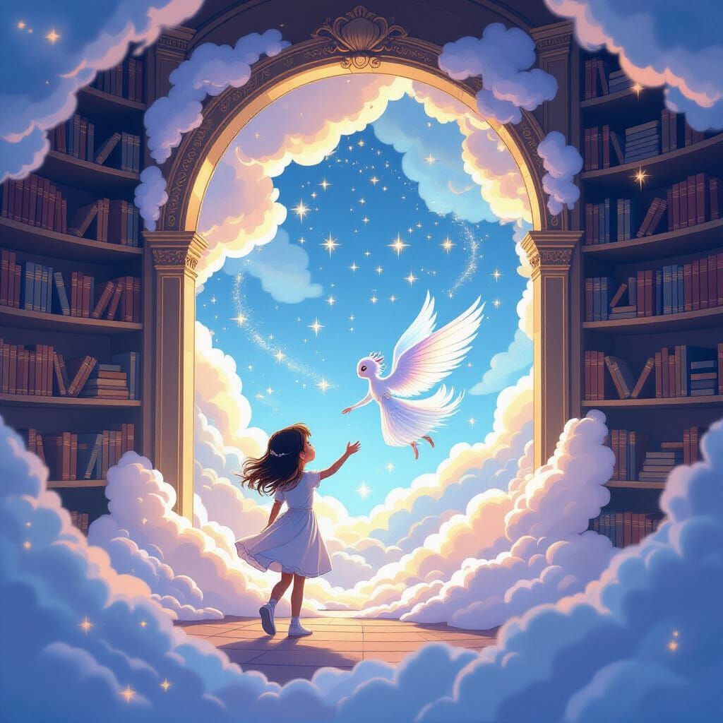Magical Floating Library with Girl and Wind Spirit