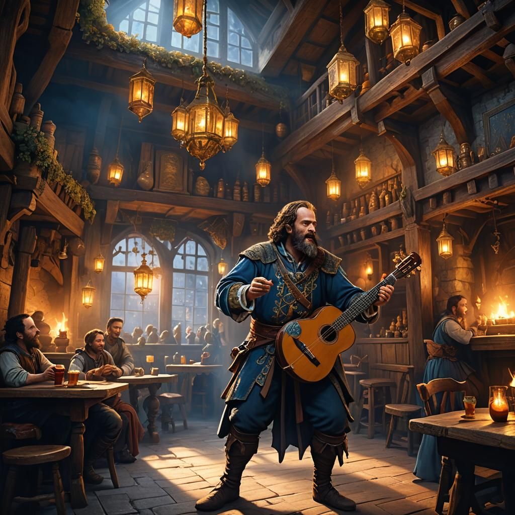 Medieval Tavern Bard Singing in Golden Hour