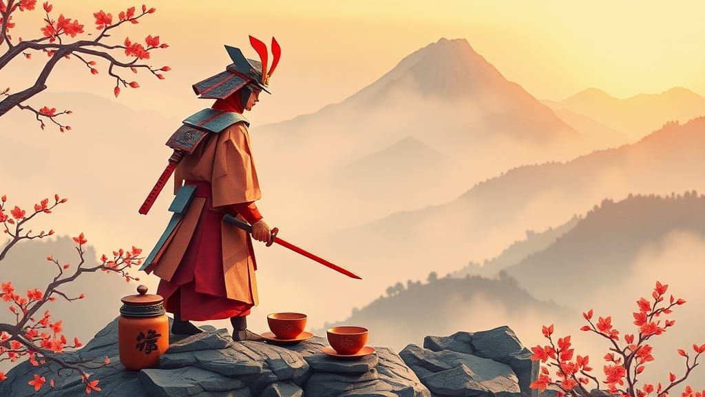 Origami Samurai Warrior in Misty Landscape