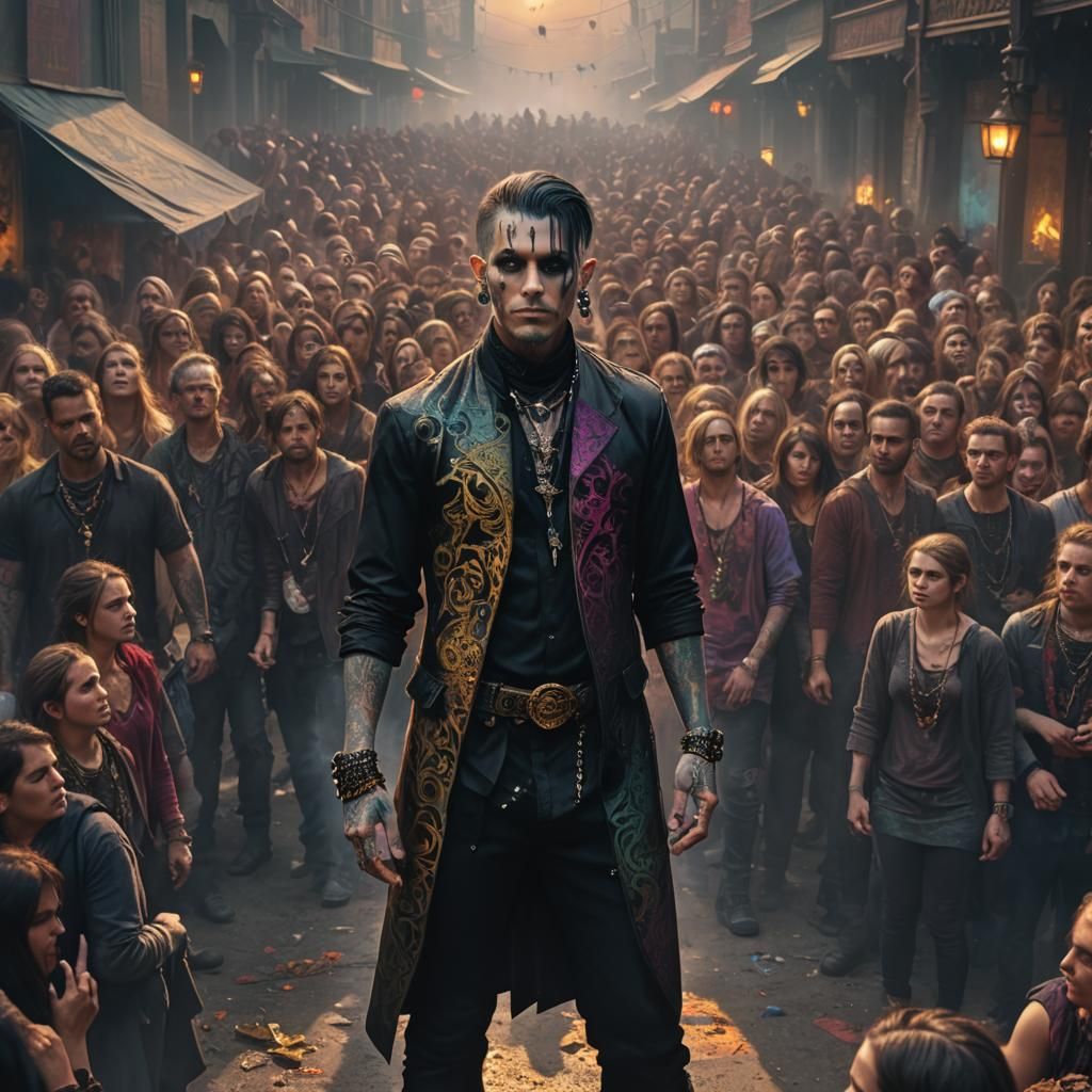 Gothic Man in Colorful Crowd: Fantasy Art