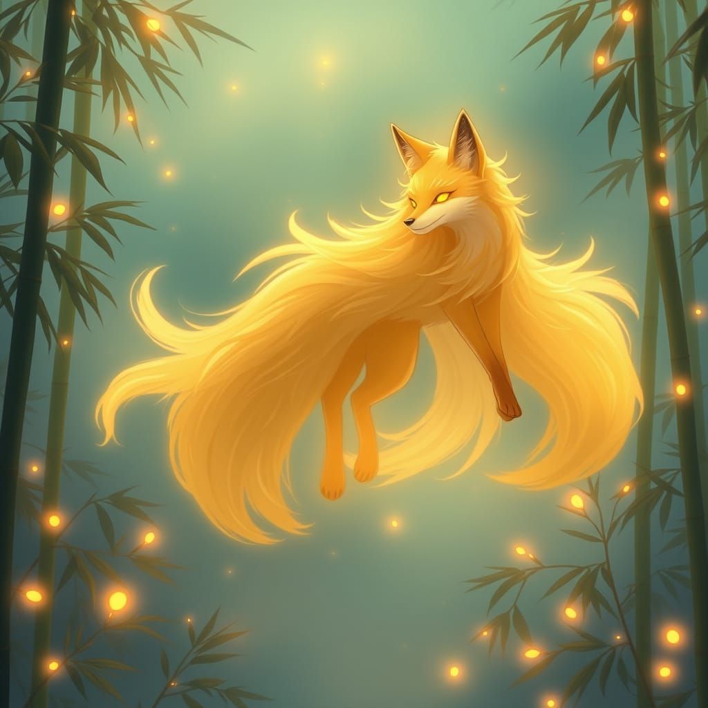 Golden Fox Spirit Floats Above Misty Forest