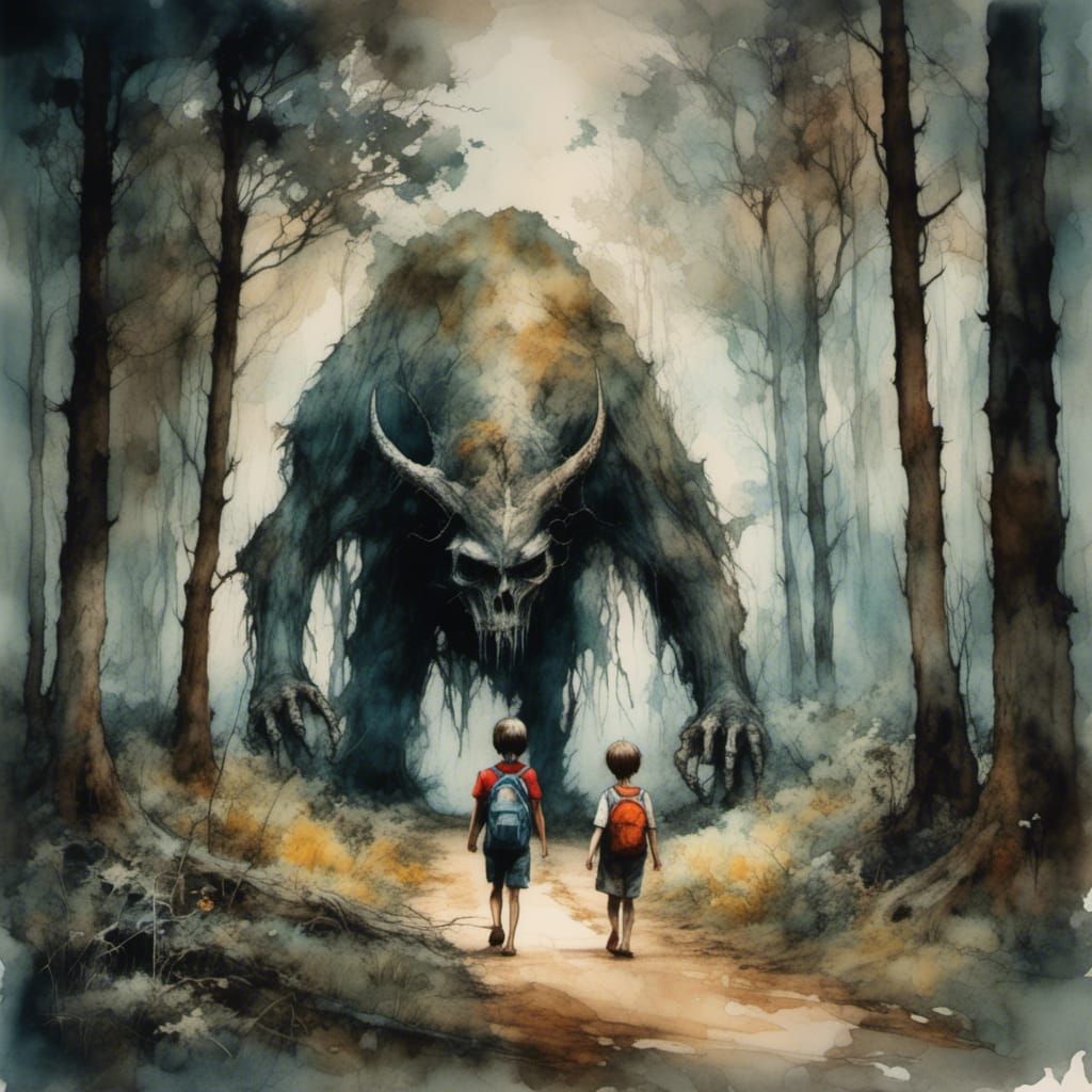 Ominous Forest Encounter in Watercolor Style