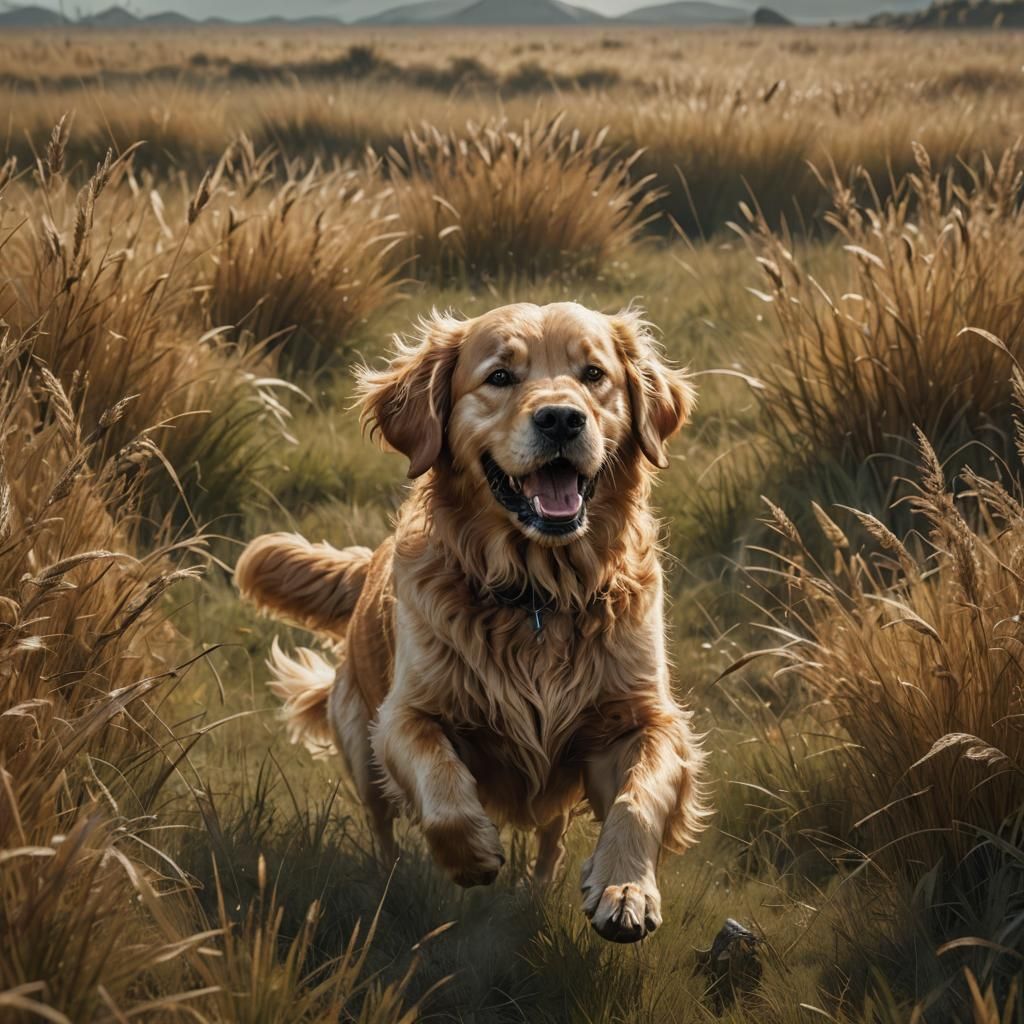Angry Golden Retriever in Grassy Field: Matte Painting