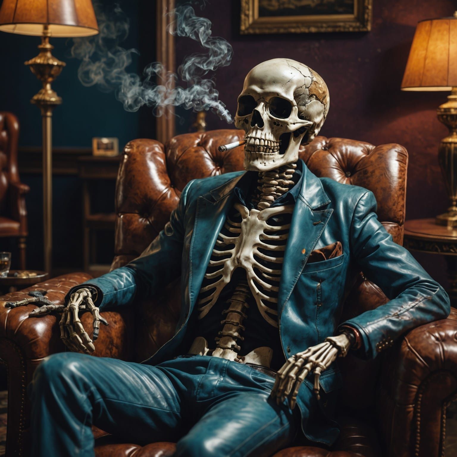 Hyperrealistic Skeleton Smokes Cigar on Leather Lounge