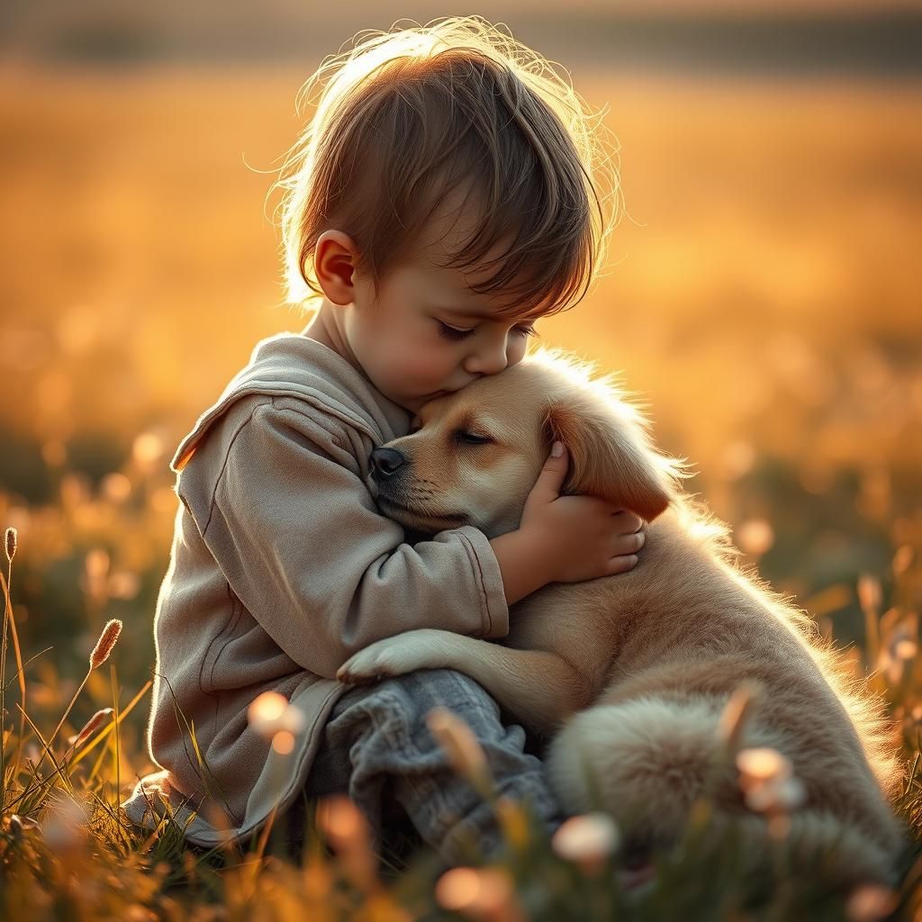Child Comforted by Dog in Sun-Drenched Meadow