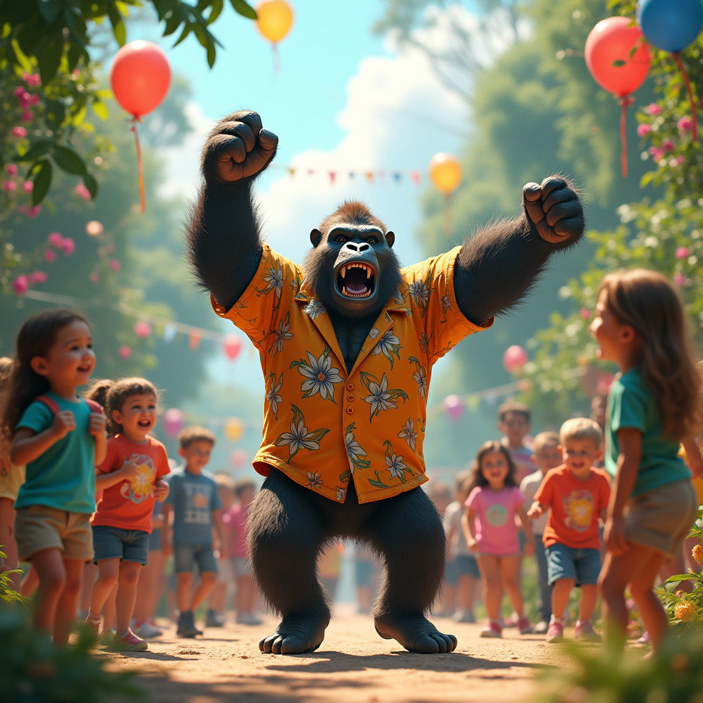 Gorilla Dances with Children in a Sun-Drenched Zoo