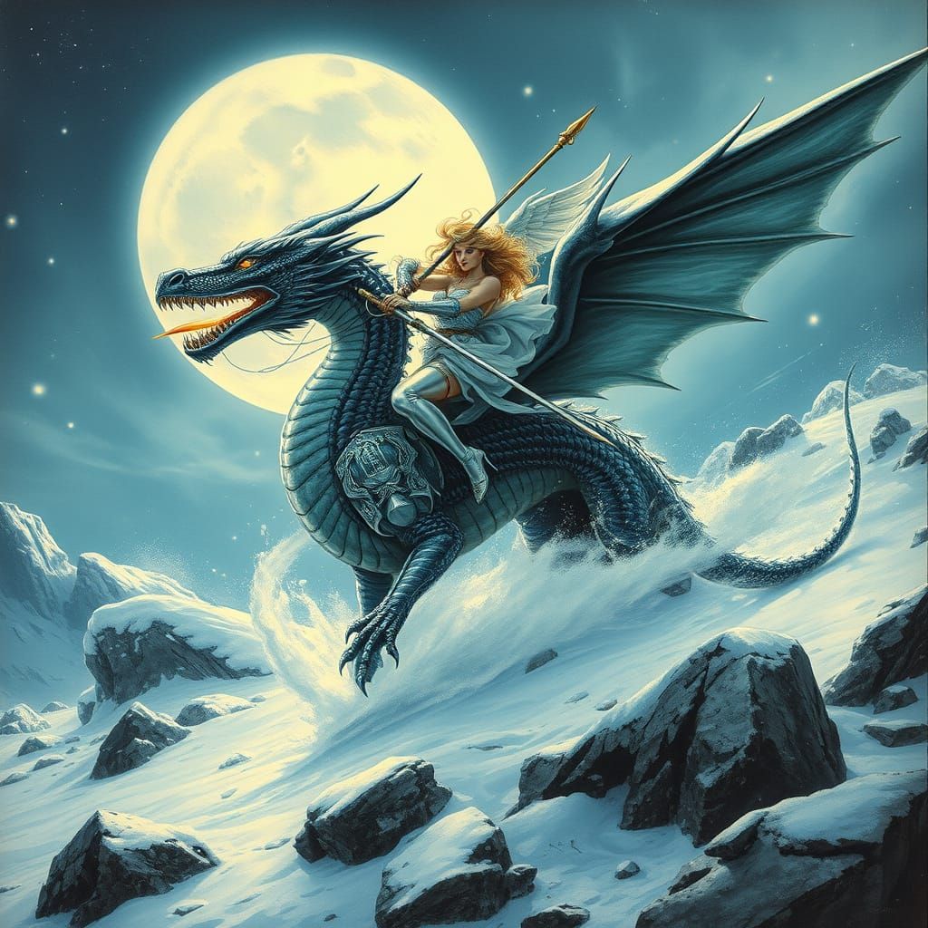 Valkyrie on Dragon in Windswept Landscape