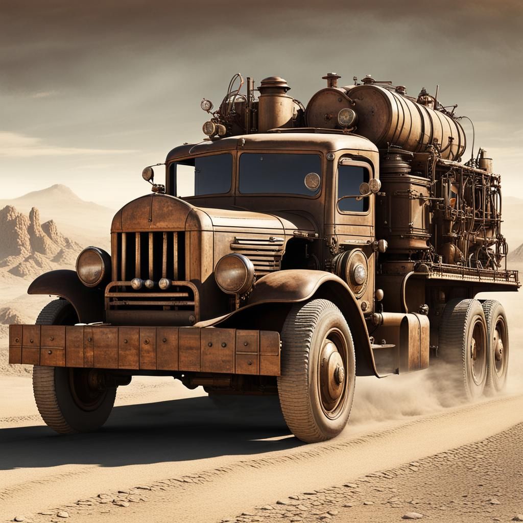 WWII Truck with Steampunk Engine in Desert