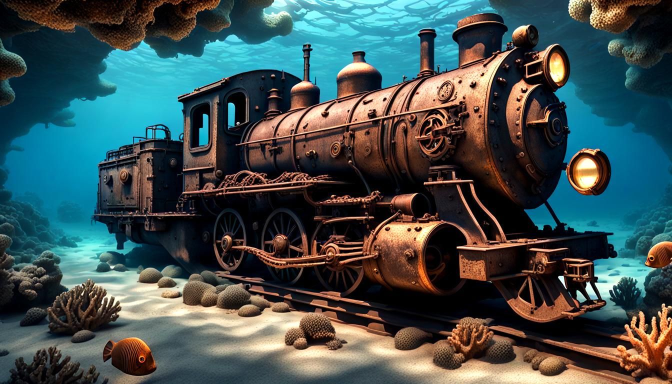 Steampunk Locomotive Shipwreck in the Deep Sea