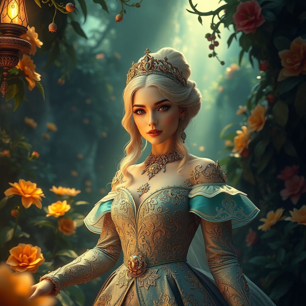 Enchanted Princess in Vibrant, Opulent Fantasy Realm