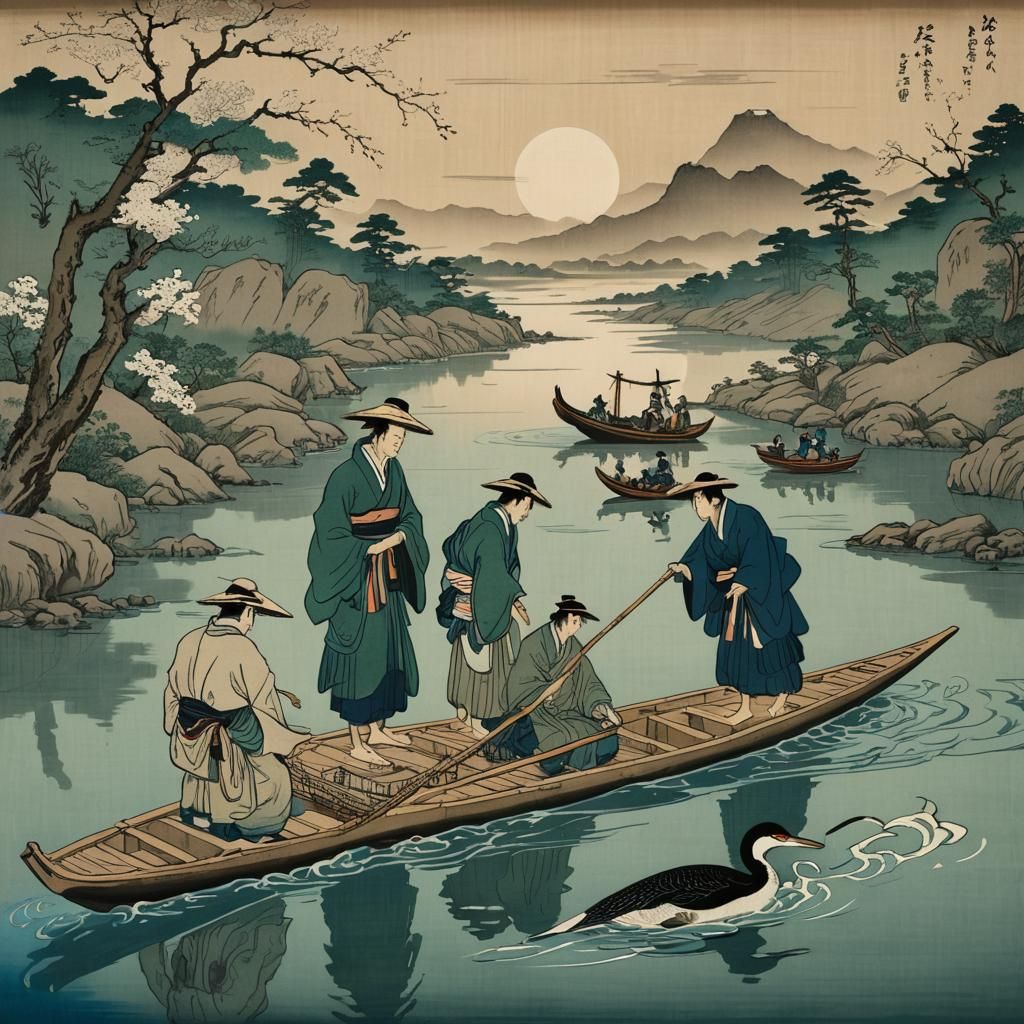Ukiyo-e Cormorant Fishing on Japanese River