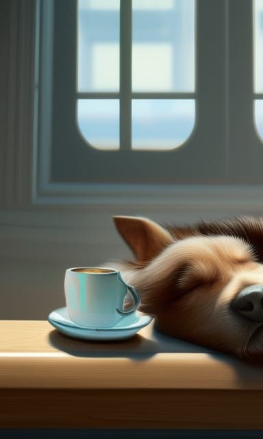 Closeup of a gorgeous Dog sleeping in a cafe, CGSociety, Ill...