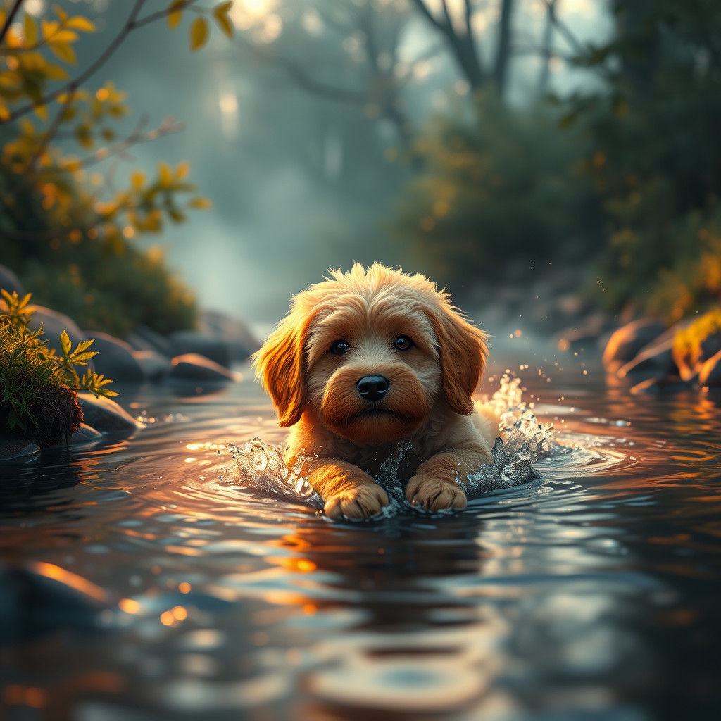 Golden Doodle Puppy Swimming at Dawn: Matte Painting