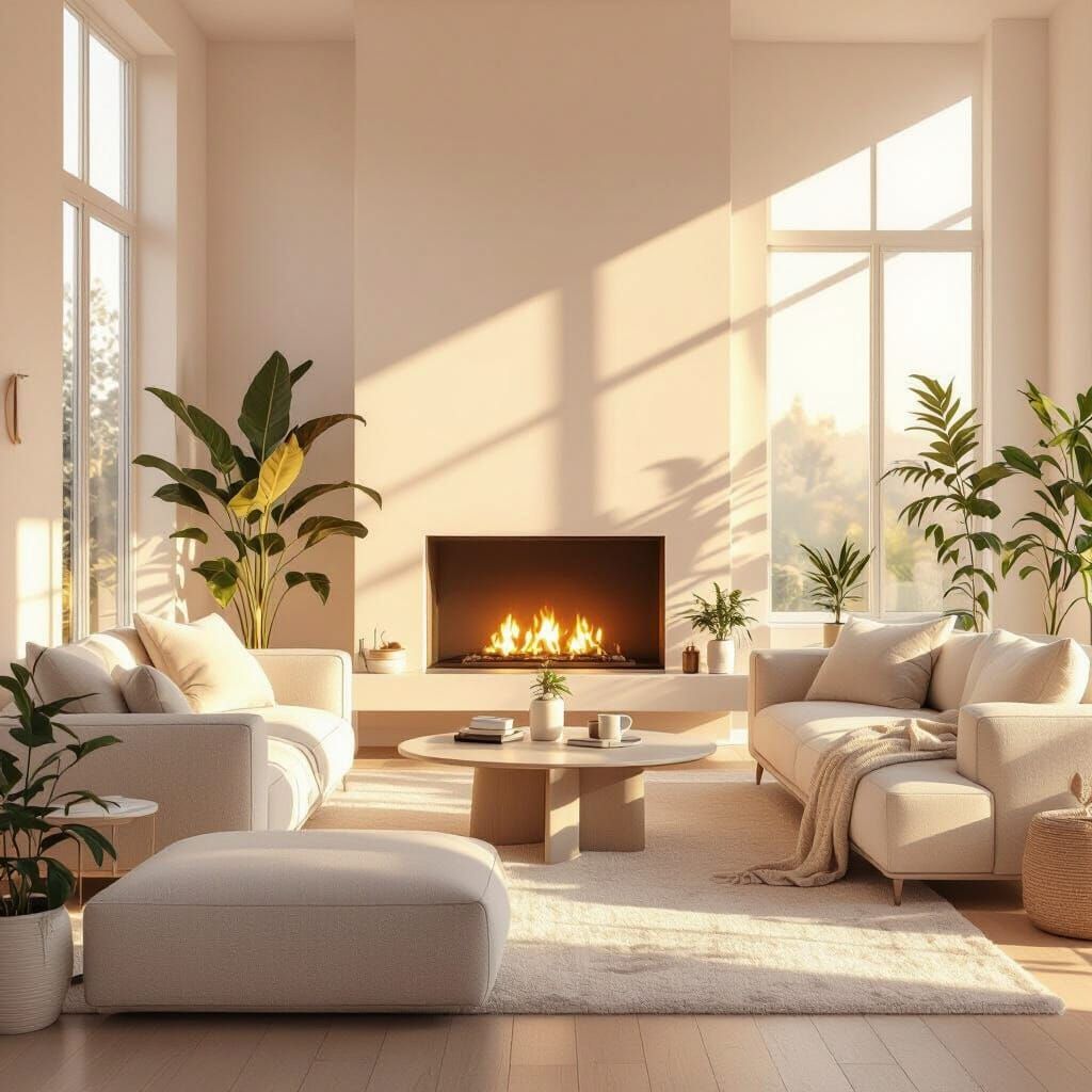 Cozy Minimalist Living Room in Golden Hour Light