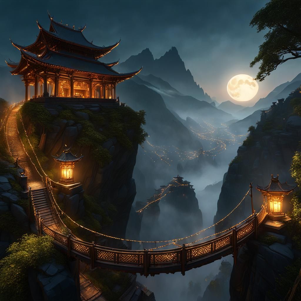 Mystical Temple on Mountain at Night