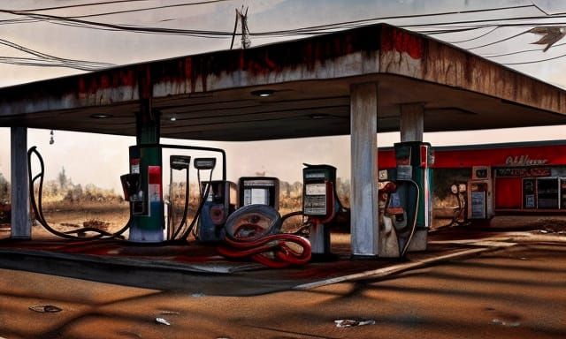 Creepy Abandoned Gas Station in Detailed Digital Art