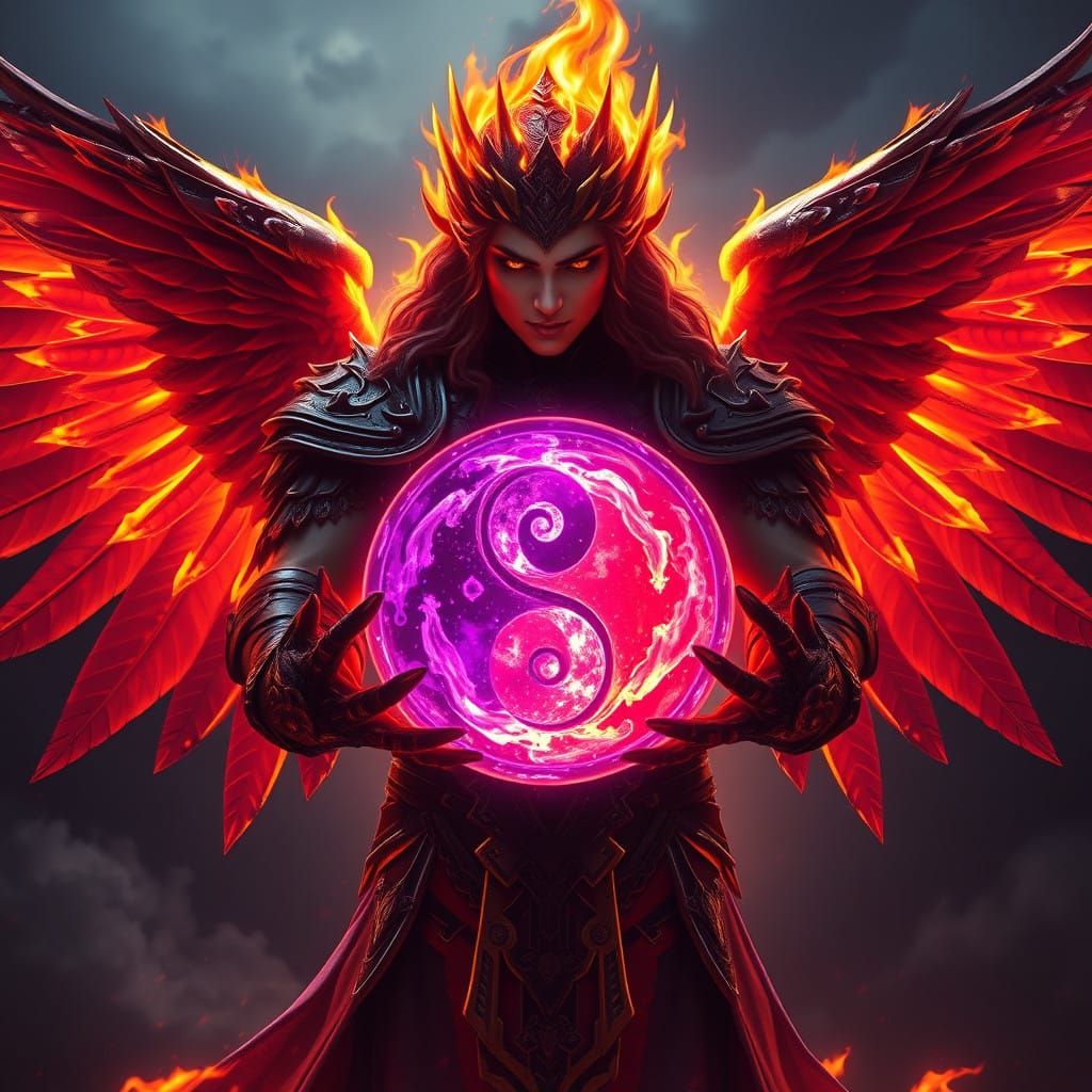 Fire Angel Holds Glowing Yin Yang Symbol in Dark Fantasy Sce...