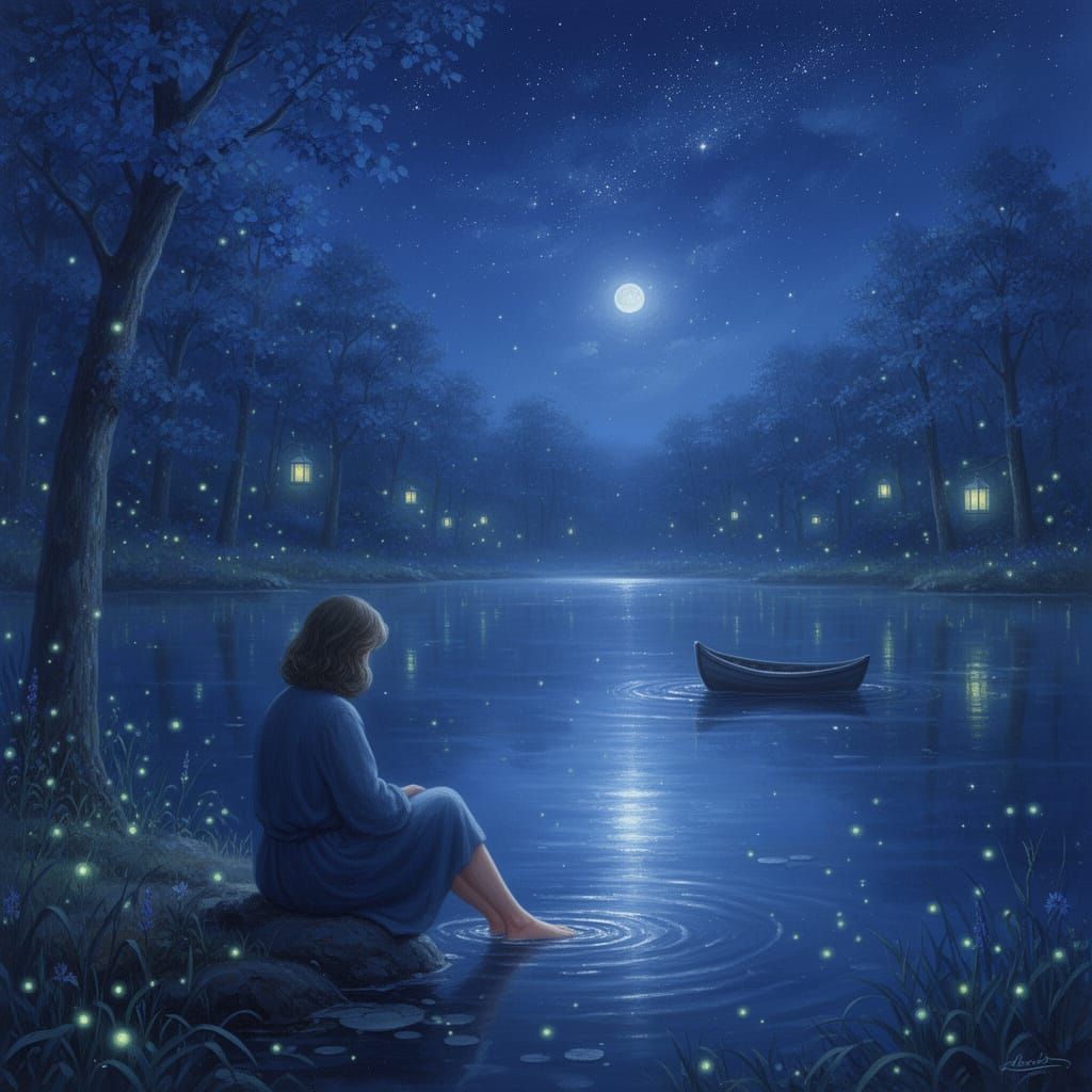 Peaceful Lakeside Night Scene with Moon Reflection and Firef...