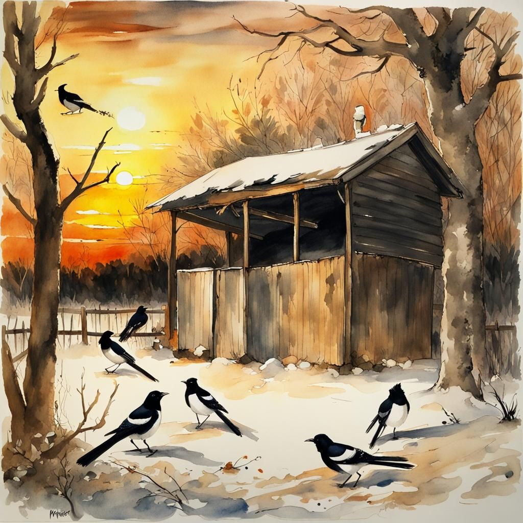 Sunset on a shed in a large garden in winter, magpies