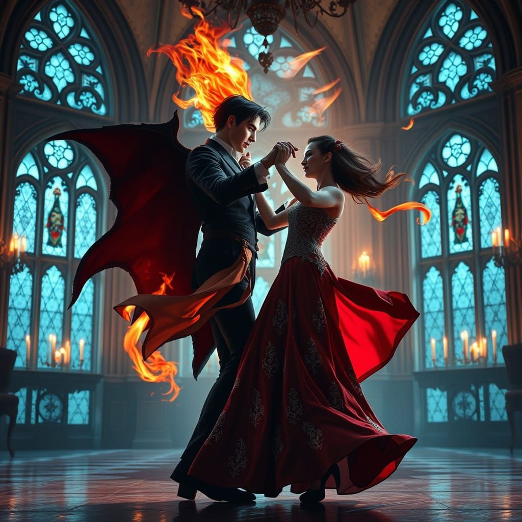 Fire Elemental and Vampire Dance in Gothic Ballroom