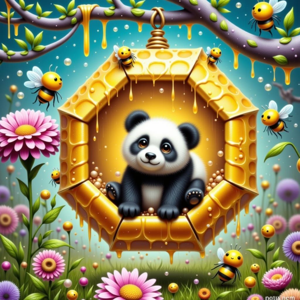 Fluffy Panda-Gemstone Hybrid Explores Crystal Beehive