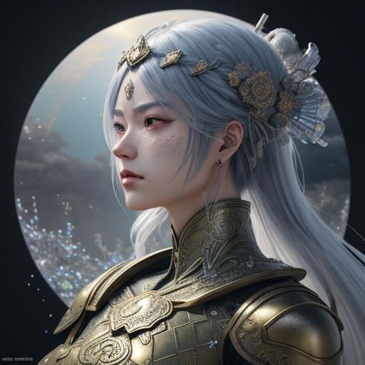 Futuristic Warrior Woman in Pointillist Anime Style