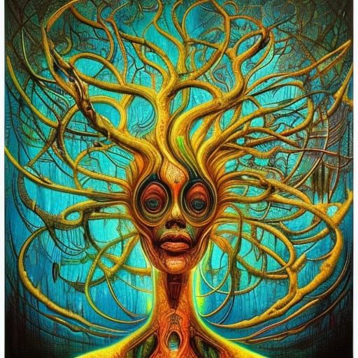 Hyperdetailed Portrait of a Dying Oak Tree in Chrome Copper...