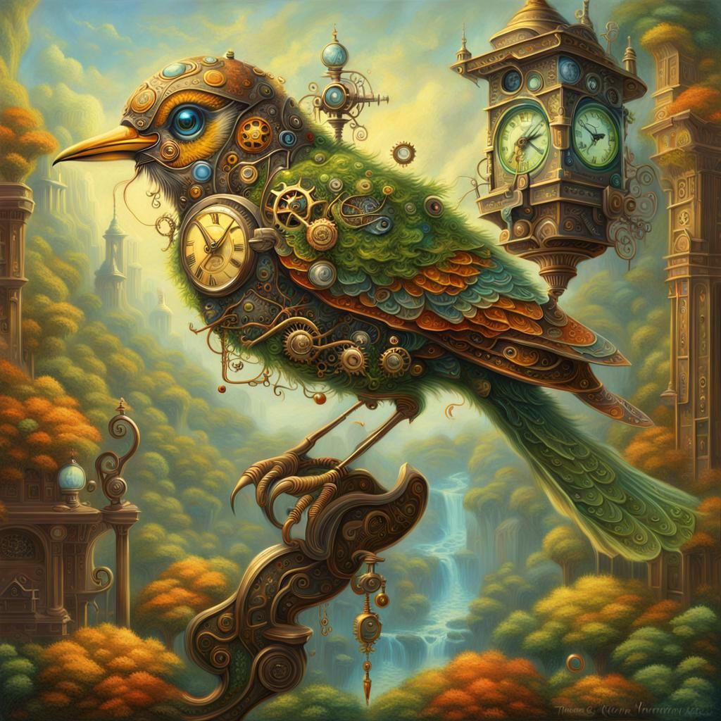 Surreal Steampunk Clockwork Bird: Detailed Matte Oil Paintin...