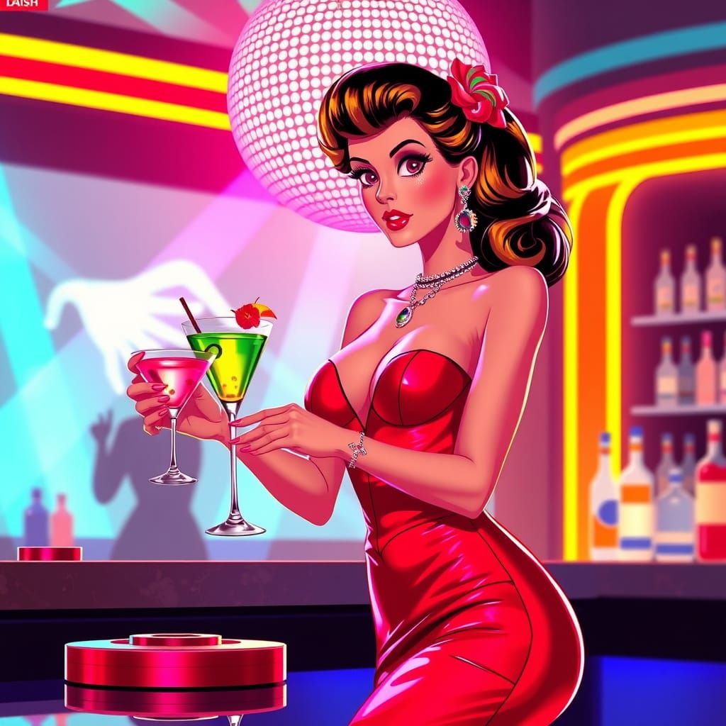 Cocktail Waitress Serving Drinks in Retro-Futuristic Disco