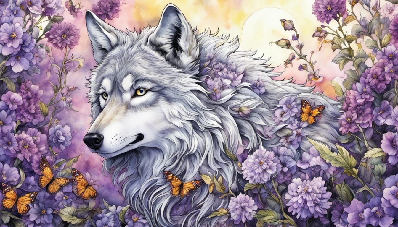 Watercolor Wolf in Floral Coloring Book Style
