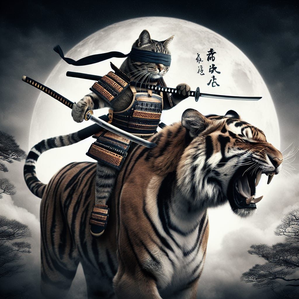 Samurai Cat Rides a Tiger in Japanese Art Style