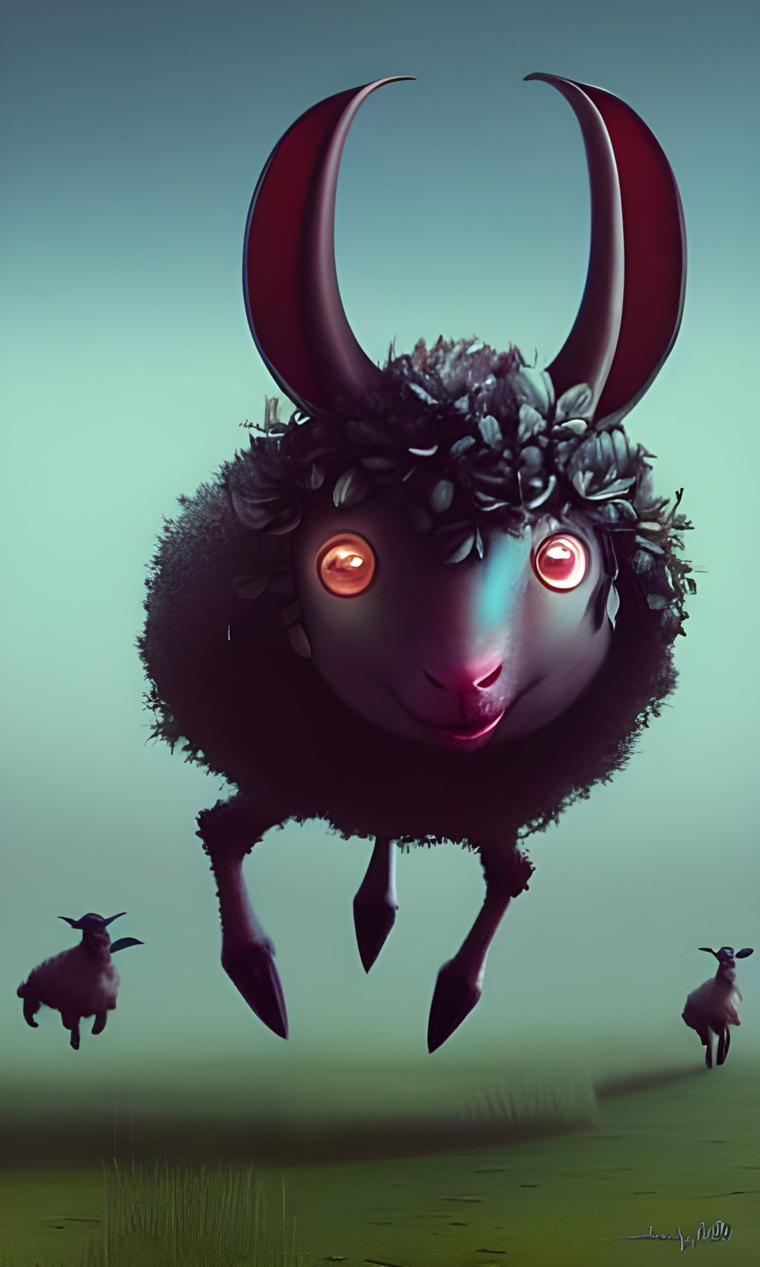 Happy Bat Sheep Frolicking in Mixed Media