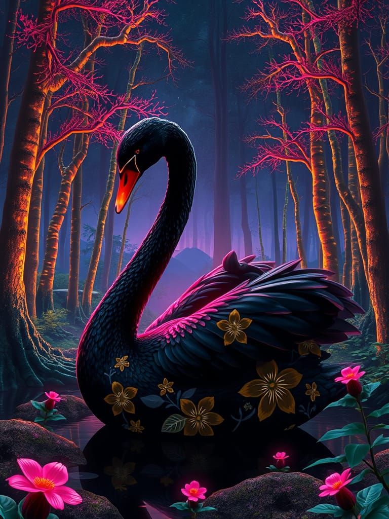 Mystical Black Swan in Psychedelic Japanese Forest