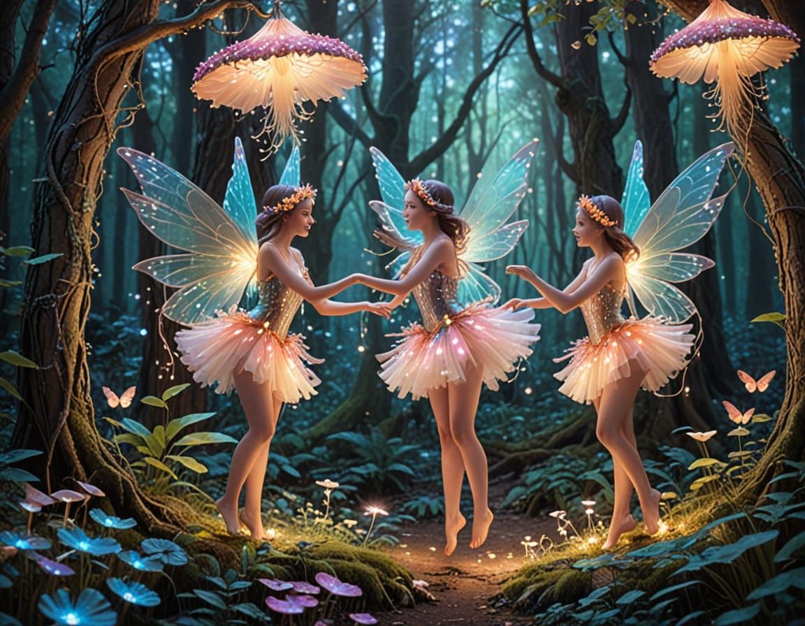Fairies Dance in Enchanted Forest with Shimmering Wings