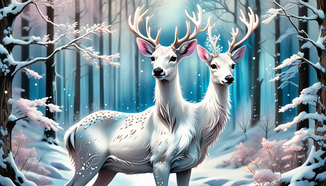 Enchanting White Deer in Winter Forest Illustration