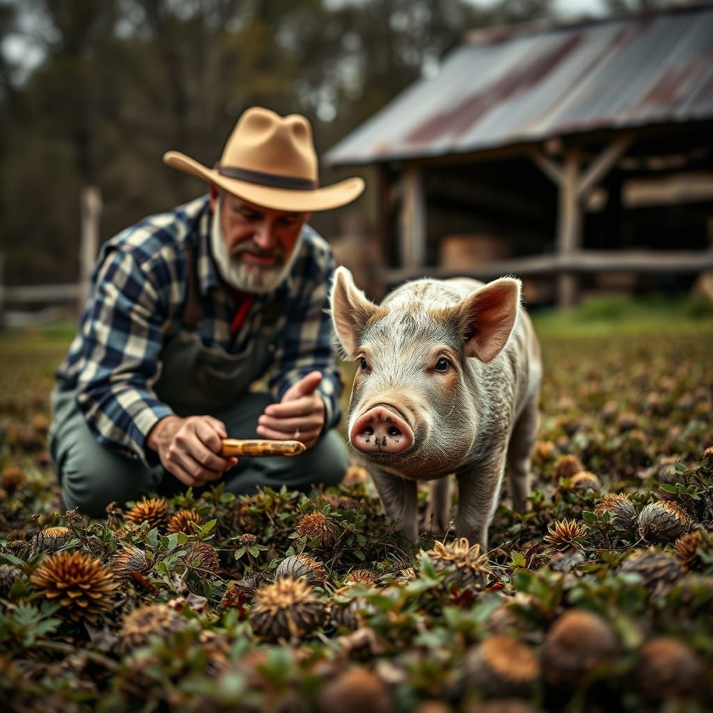 Farmer and Hog Truffle Hunting in Vintage Style